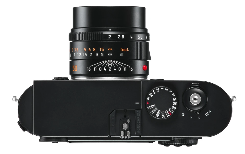The Leica M-Monochrom has a die-cast magnesium alloy body with brass top and bottom plates and a synthetic leather trim