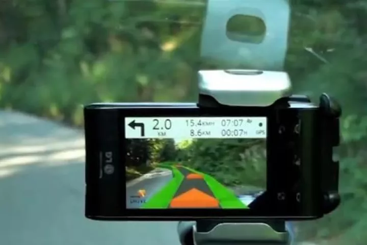 The Wikitude Drive augmented reality navigation app overlays directional markers on real-time video of the road in front of you