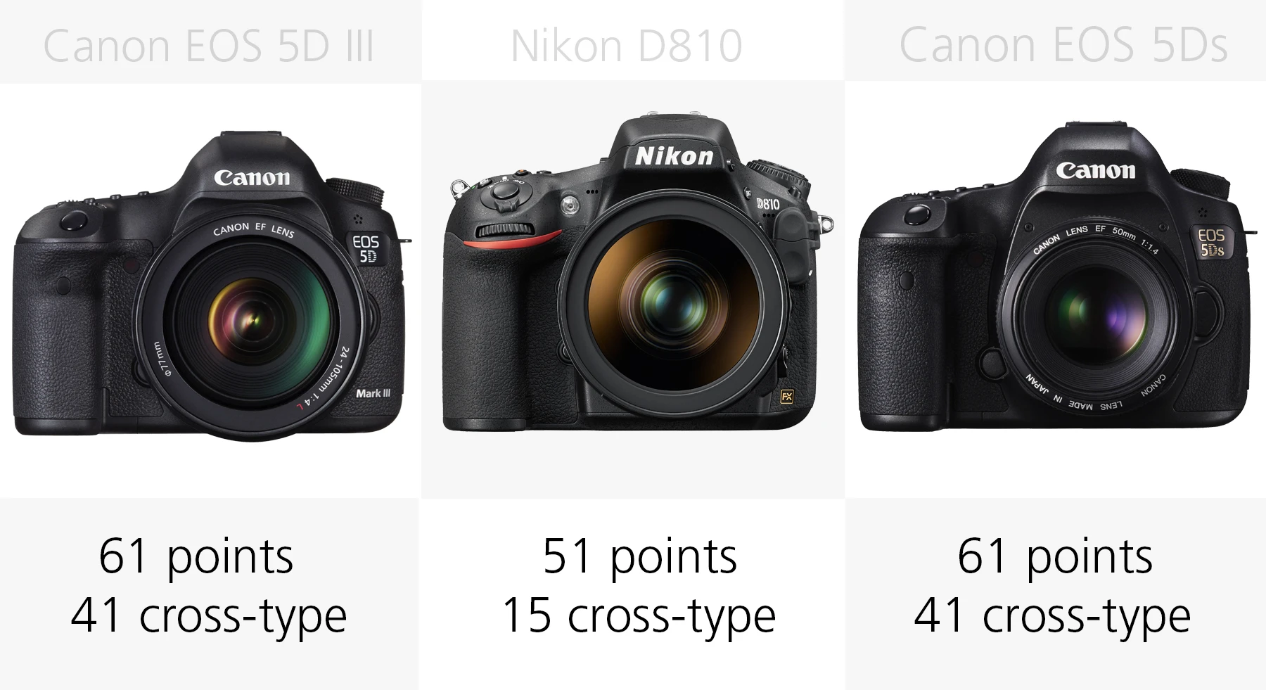Full frame DSLR autofocus comparison Canon EOS 5D III, Nikon D810, Canon EOS 5Ds