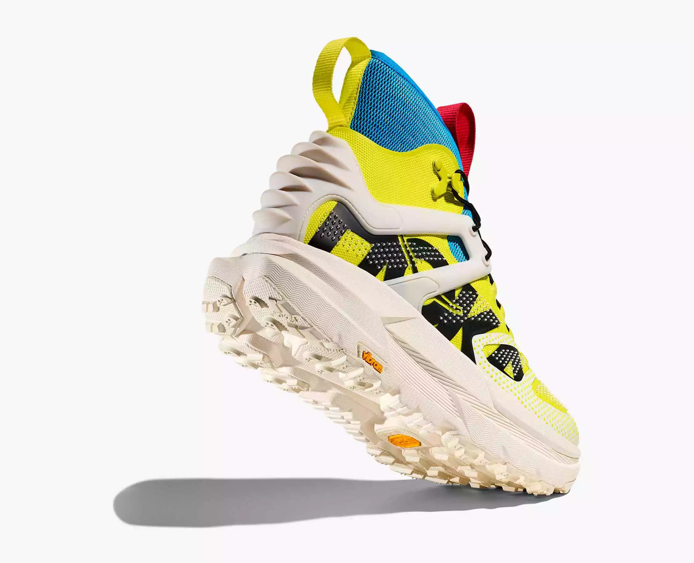 A Vibram Megagrip outsole provides a high-traction base for Hoka's latest big, cushy shoe
