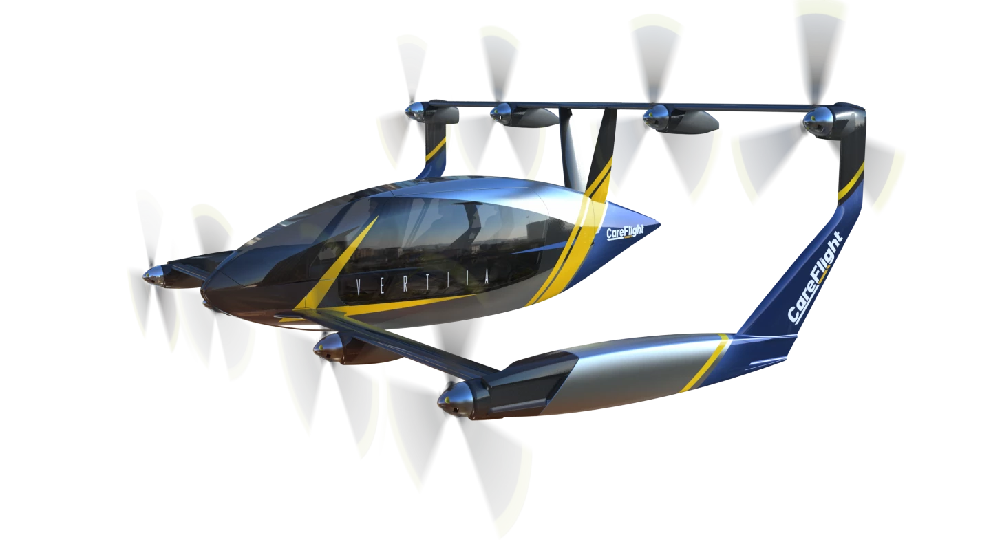 Not visible in this render are the small wings attached to the back of the props that will provide lift in horizontal flight
