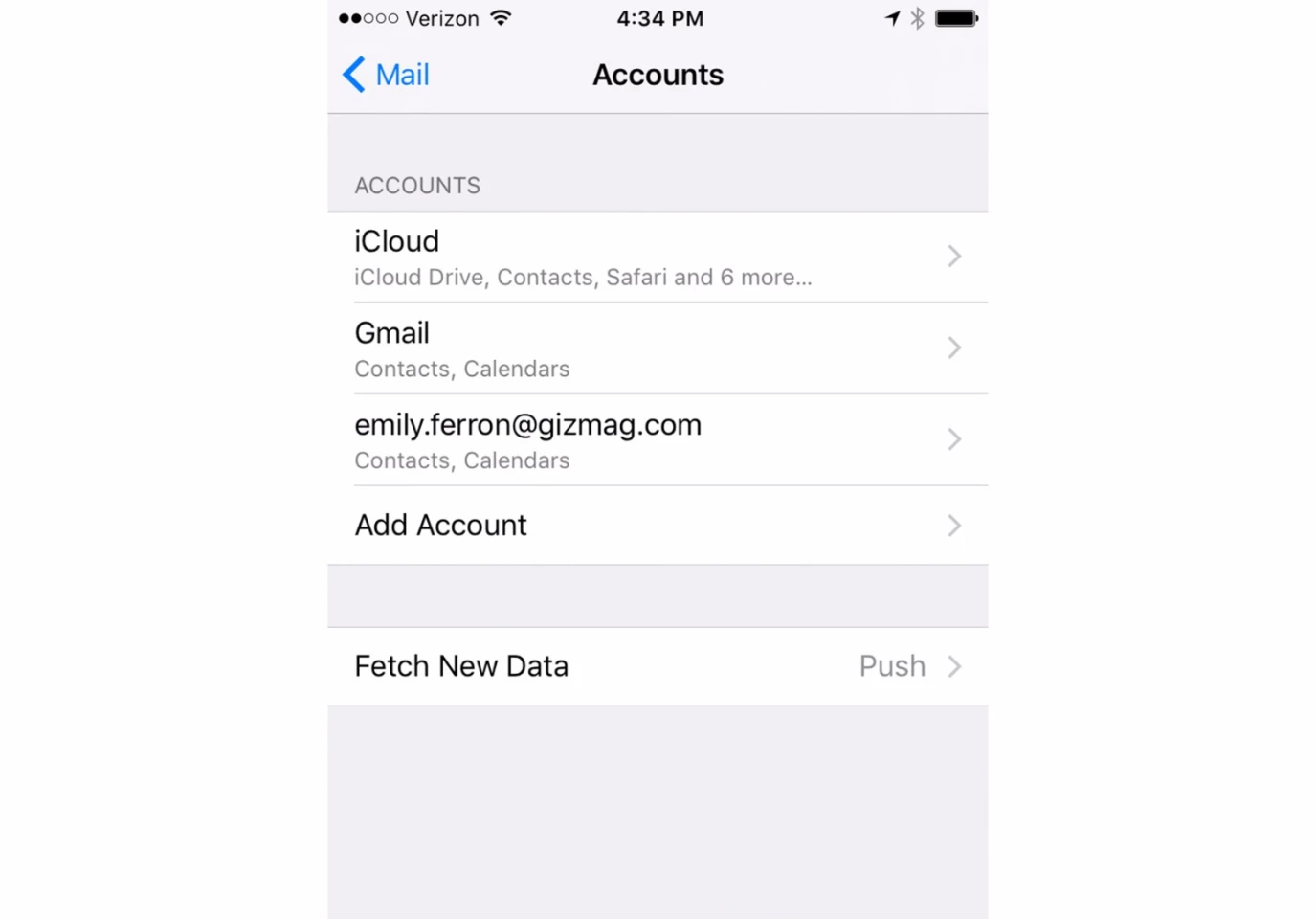 iPhone Settings > Mail > Accounts