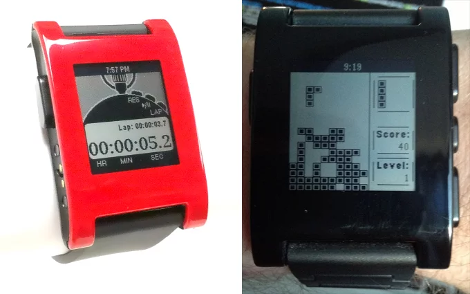 A stopwatch design and Tetris-like game (Pebblis) developed using Pebble's recently released SDK (Photo: Michael Regan)