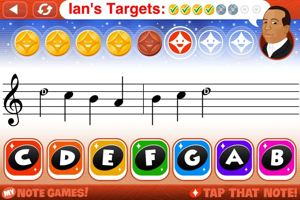 Screenshot of the Tap That Note game which teaches the names of notes