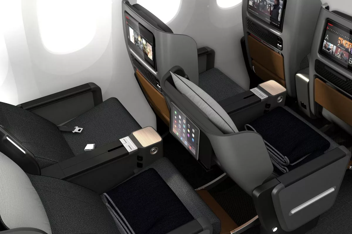In-seat USB power and better LED lighting are both hallmarks of the premium economy cabin
