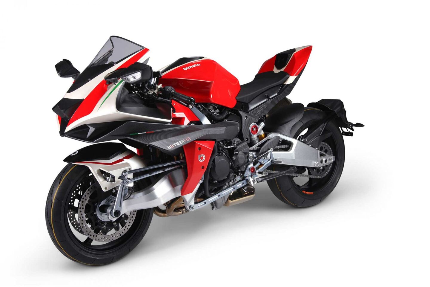 The front swingarm is suspended via a long linkage back to a rear-mounted shock