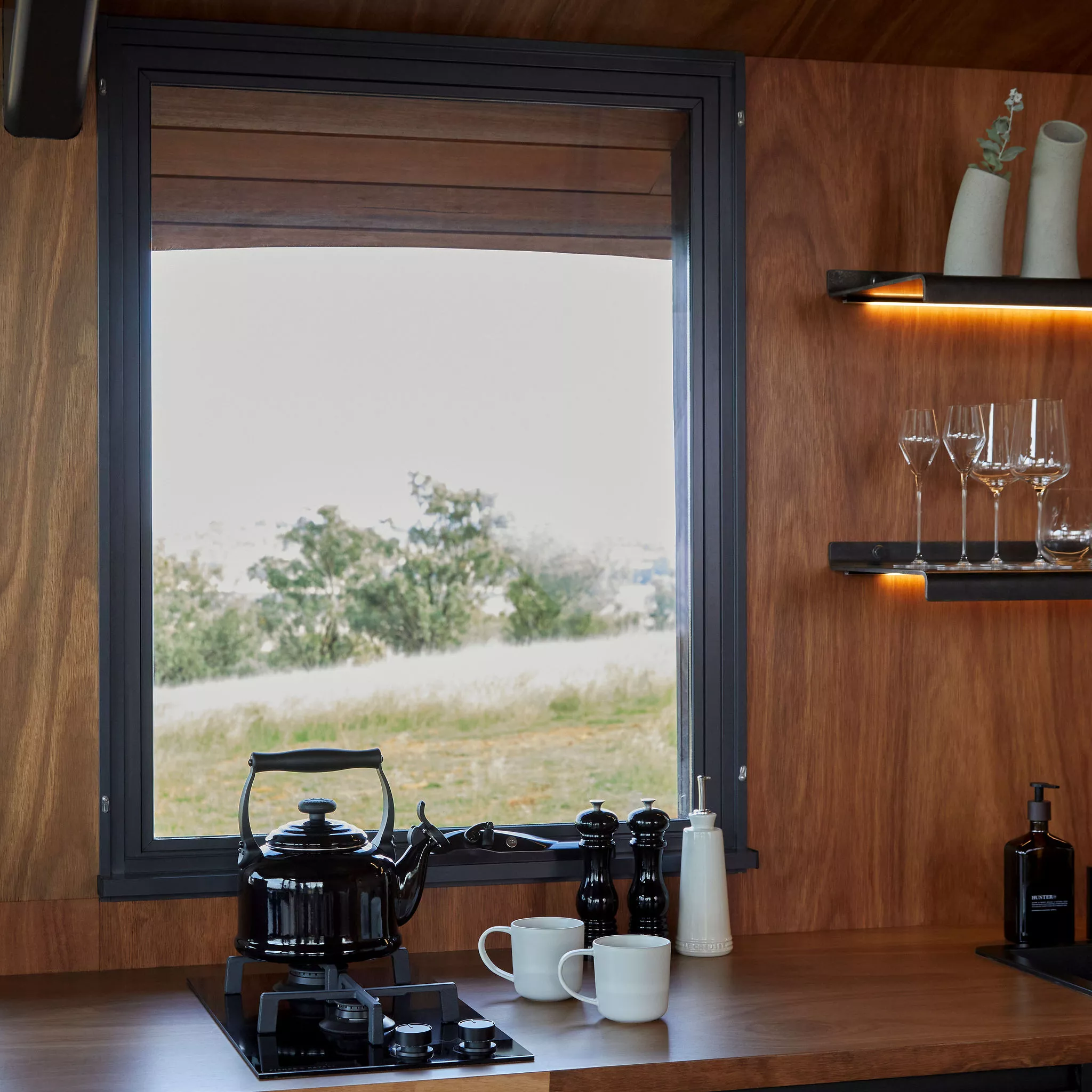 The Gilay Estate's kitchen includes a two-burner propane-powered stove