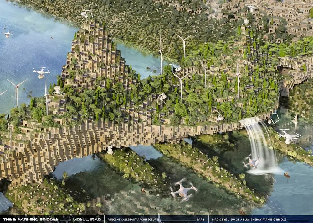 The Five Farming Bridges would make use of rubble as building material, with hovering drones and spider-like robots doing the heavy lifting