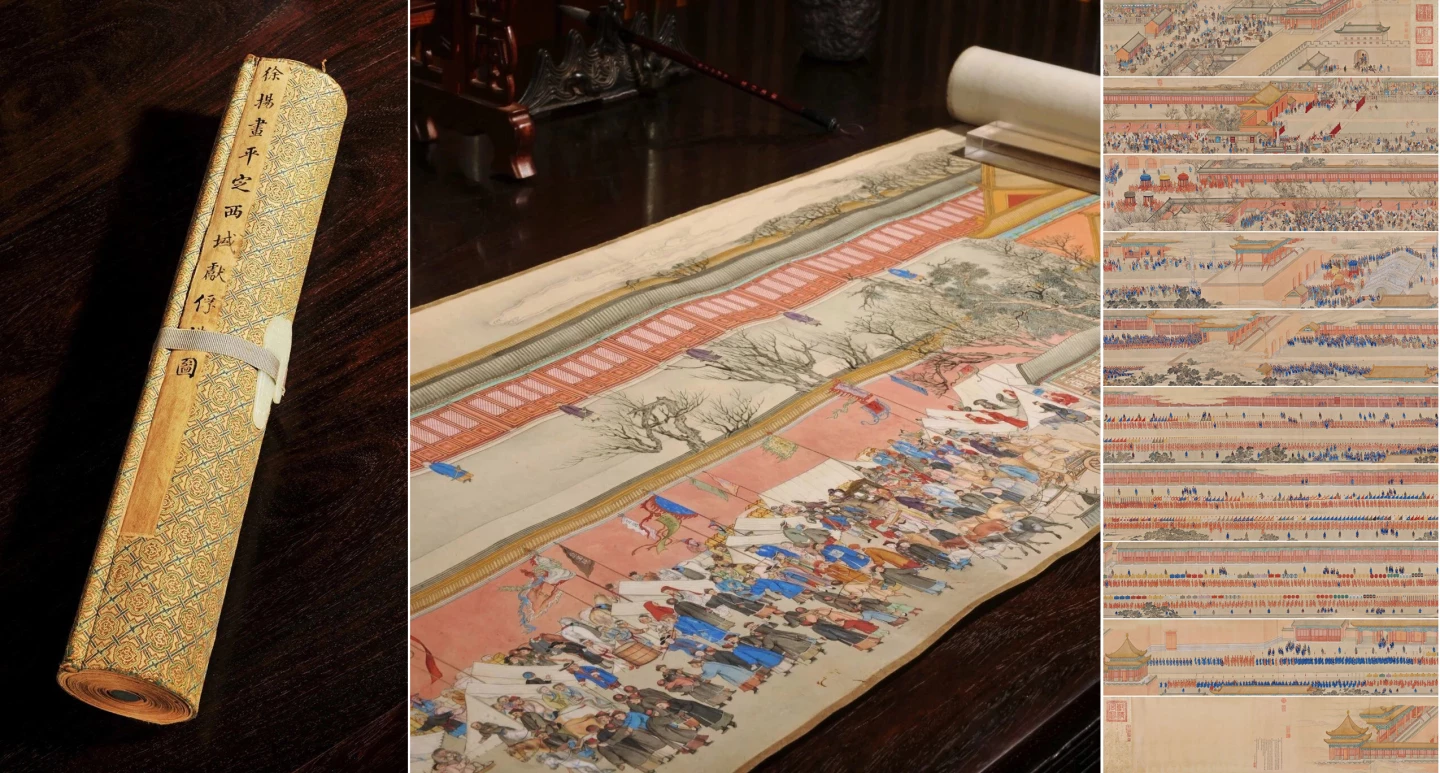 “Emperor Qianlong’s conquest of Xiyu” (18th century) by Xu Yang sold for RMB 414,000,000 ($64,737,180) at Poly Auction Beijing on 6 June 2021. These three views of the 61-foot scroll show its immense size and detail