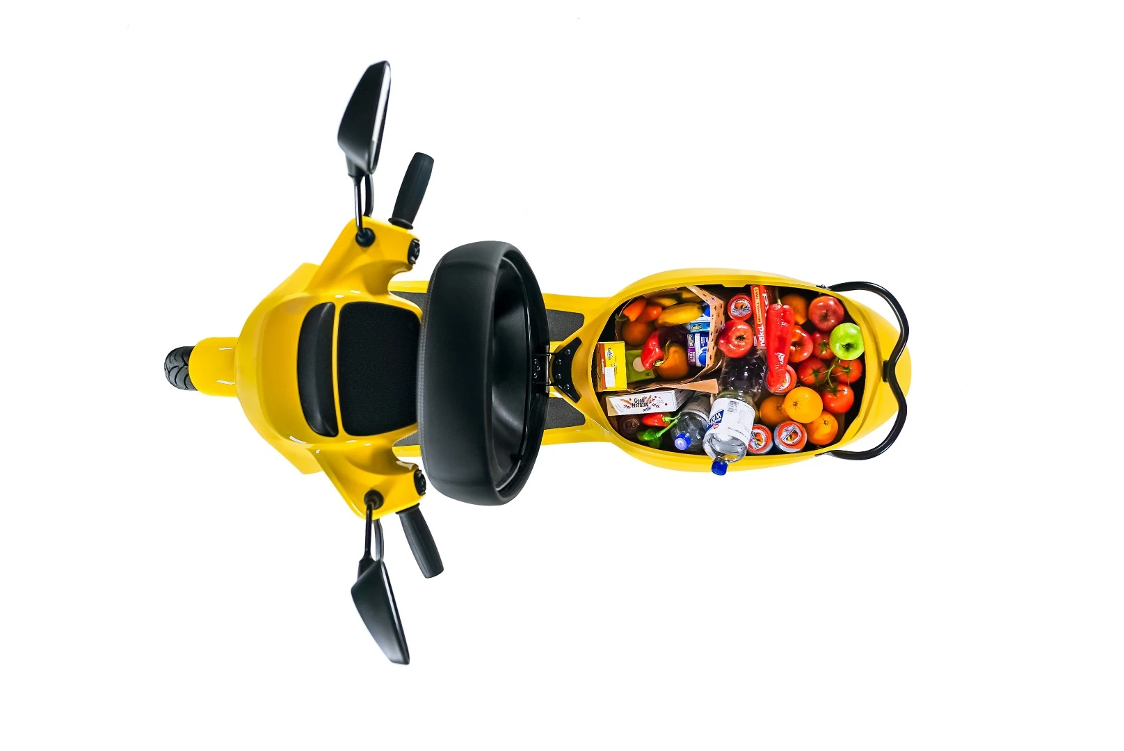 The AppScooter has generous storage under the seat, so you can leave the carrier bags in the store