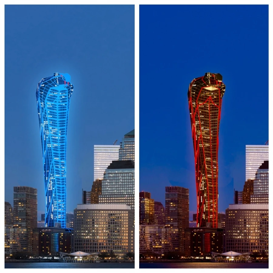 Lighting on the facade allows it to change color