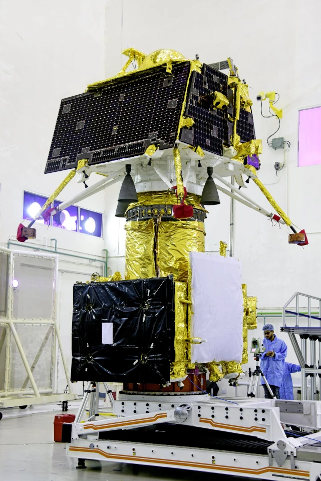 The Vikram lander pictured stacked on top of the Chandrayaan-2 orbiter prior to launch