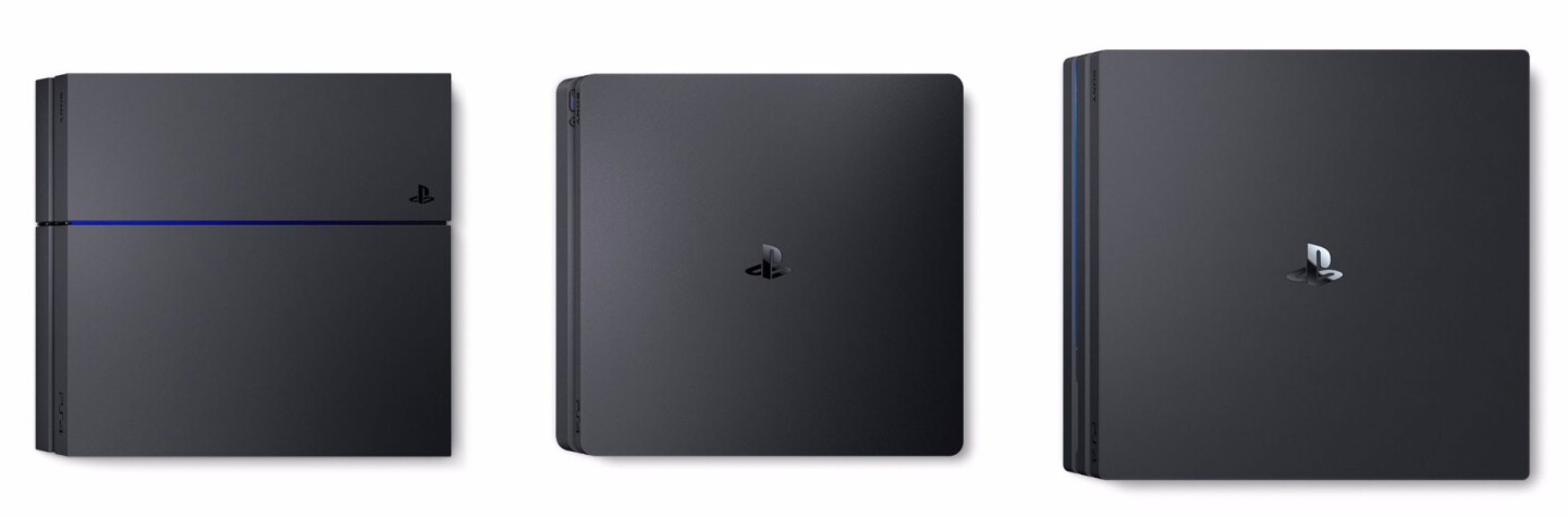 From left to right, Sony's original PS4, the PS4 Slim and the PS4 Pro