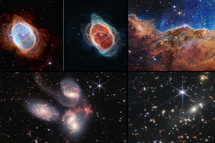 Some of the highlights – top left: the Southern Ring planetary nebula in near- and mid-infrared, the product of a dying star; top right: star formation in the Carina Nebula; bottom left: Stephan’s Quintet, an interacting galaxy group; bottom right: Webb’s first deep field image