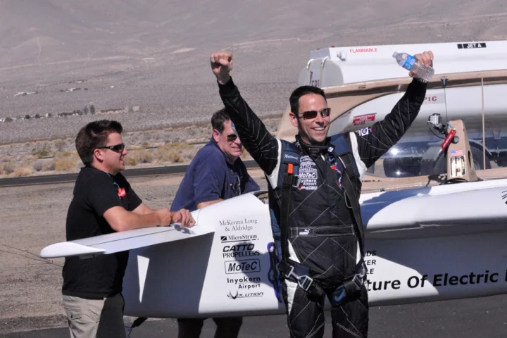 Chip Yates celebrates breaking the 200 mph barrier in his electric Long-ESA aircraft