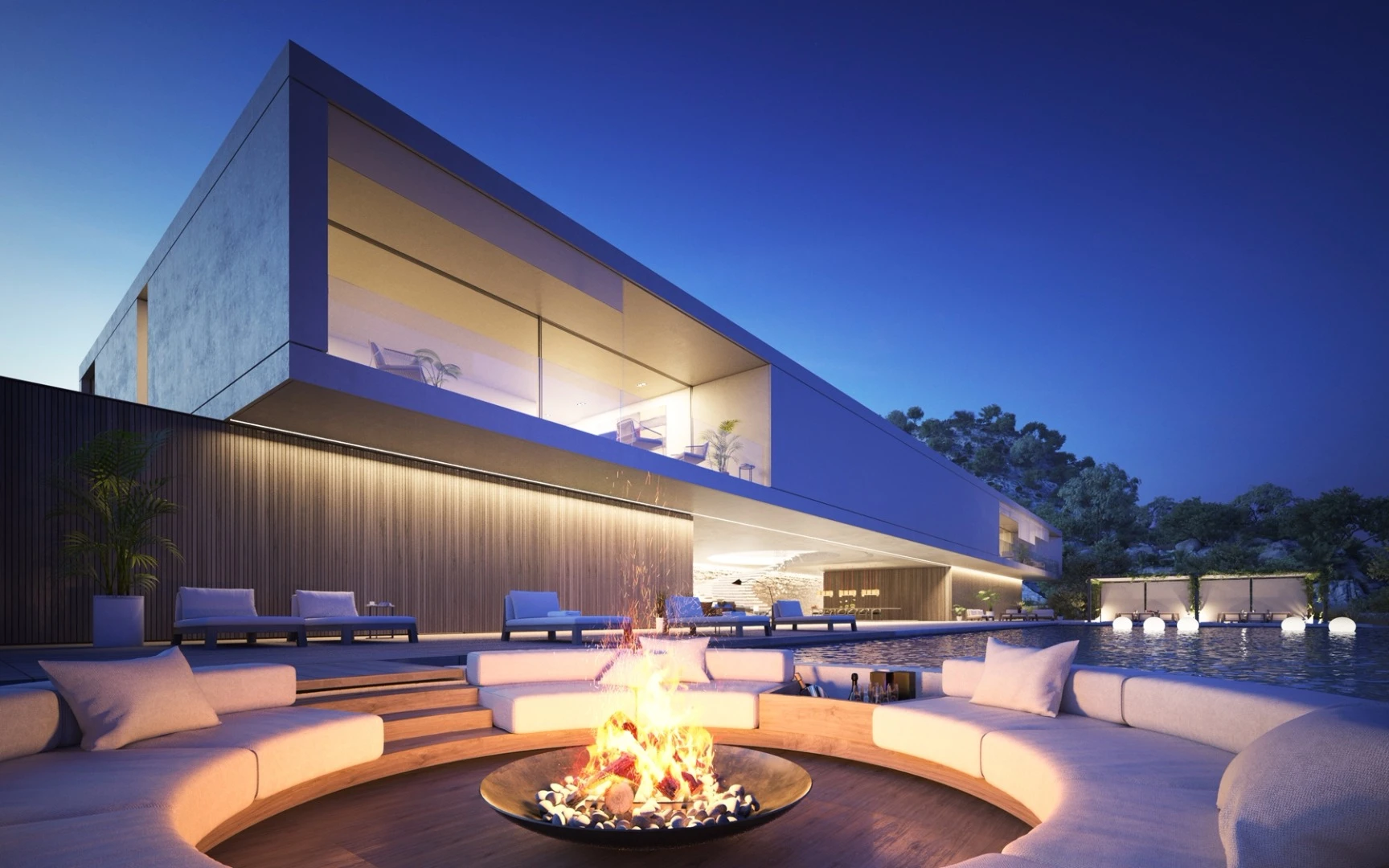 The S 00/30 concept Superhouse has a firepit surrounded by sunken seating