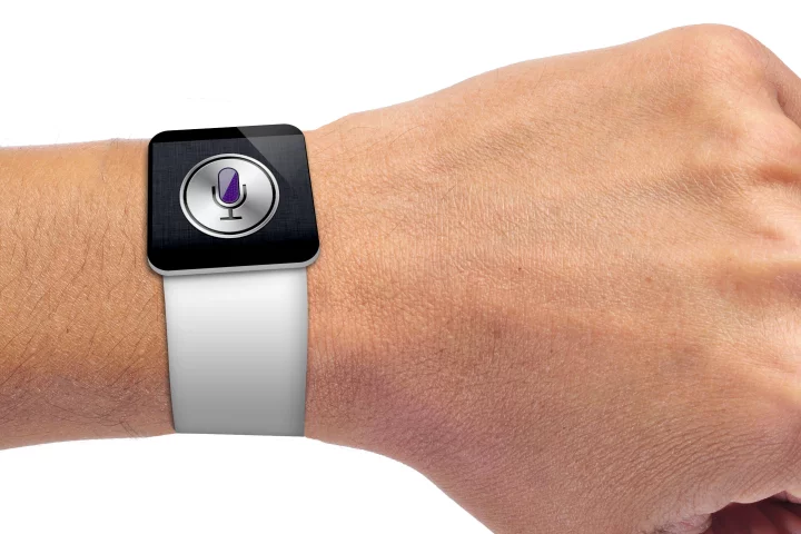 Unlike our render, the device could feature a flexible glass display that automatically snaps to the proper wrist size (wrist image: Shutterstock)