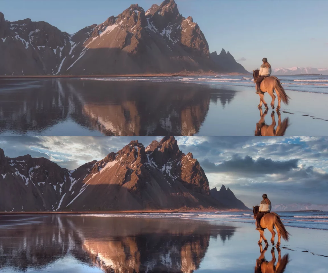 New Sky AI processing builds sky and lighting reflections into water surfaces