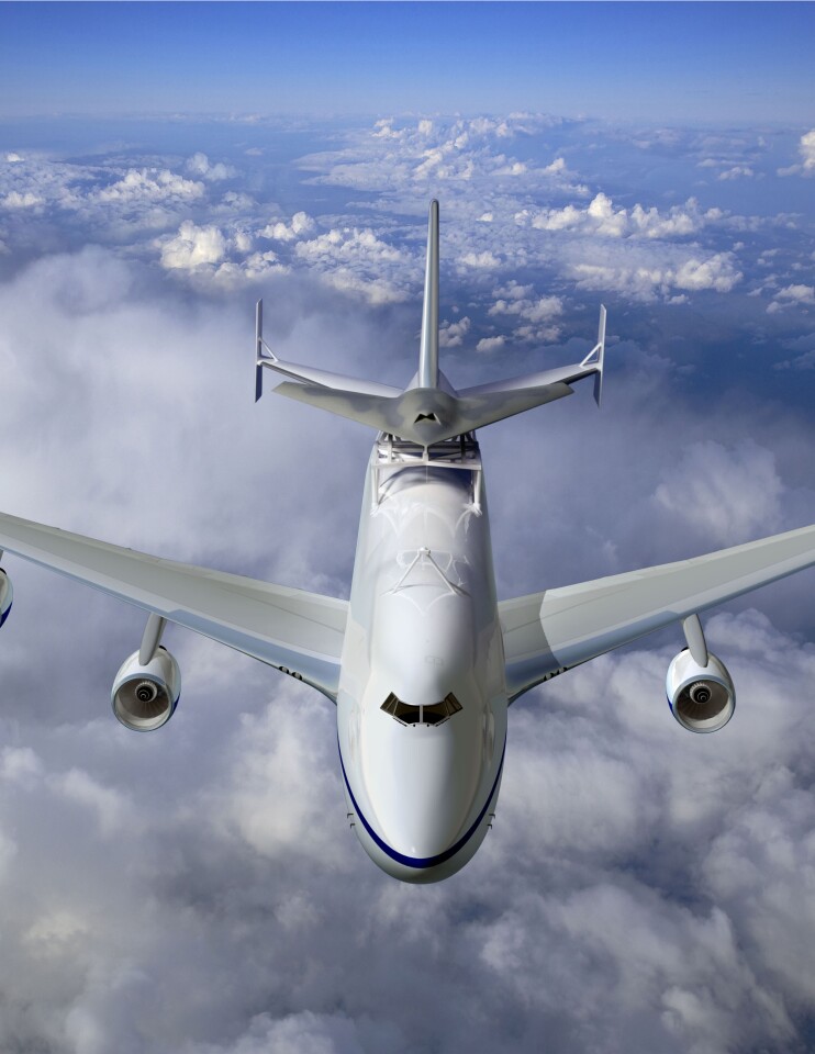 Phantom Ray atop a Boeing 747 Shuttle Carrier Aircraft