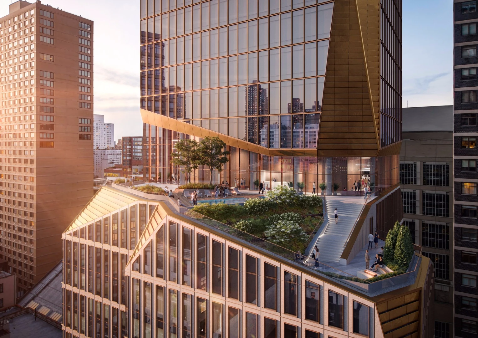 The tower's mid-section plays host to a grassy multi-level terrace with views of Central Park and the Hudson River