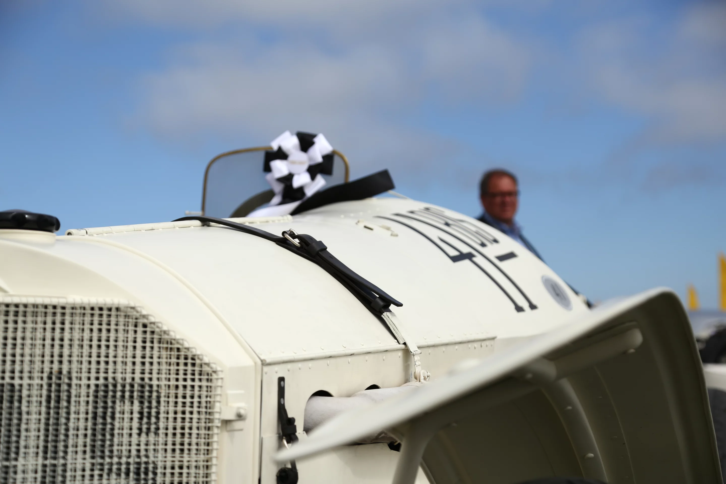 One of the winning 1914 Mercedes Grand Prix race cars on display next to the ocean (Photo: Angus MacKenzie/Gizmag.com)