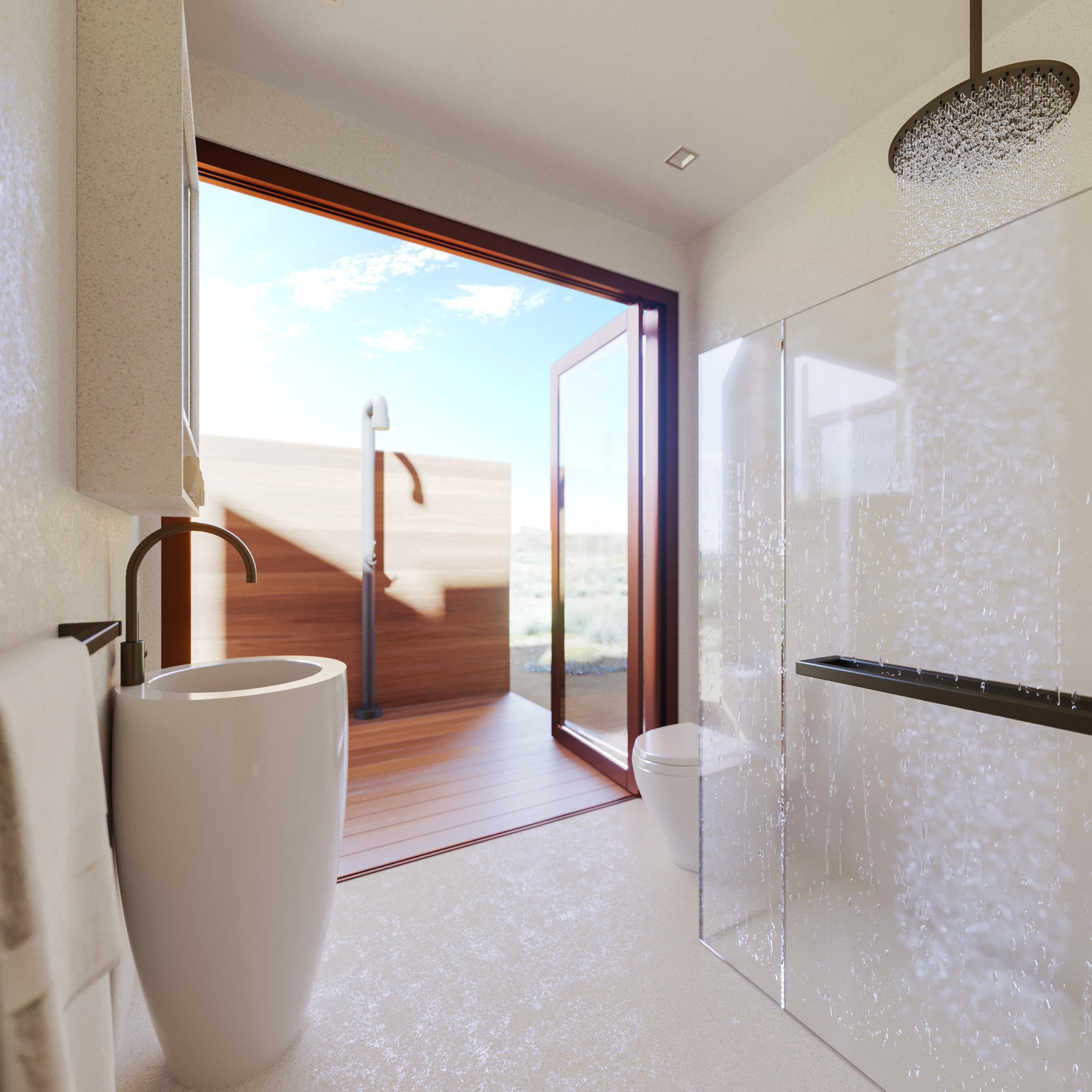 The Buhaus two-room floor-plan features a luxury private bathroom with outdoor shower space