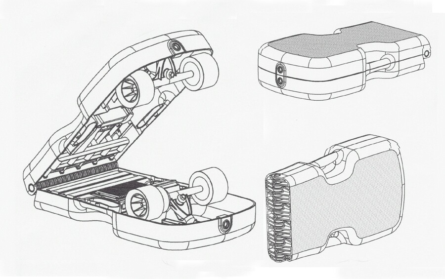 The Caseboard is an electric skateboard that folds in half for carrying like a briefcase when not rolling about