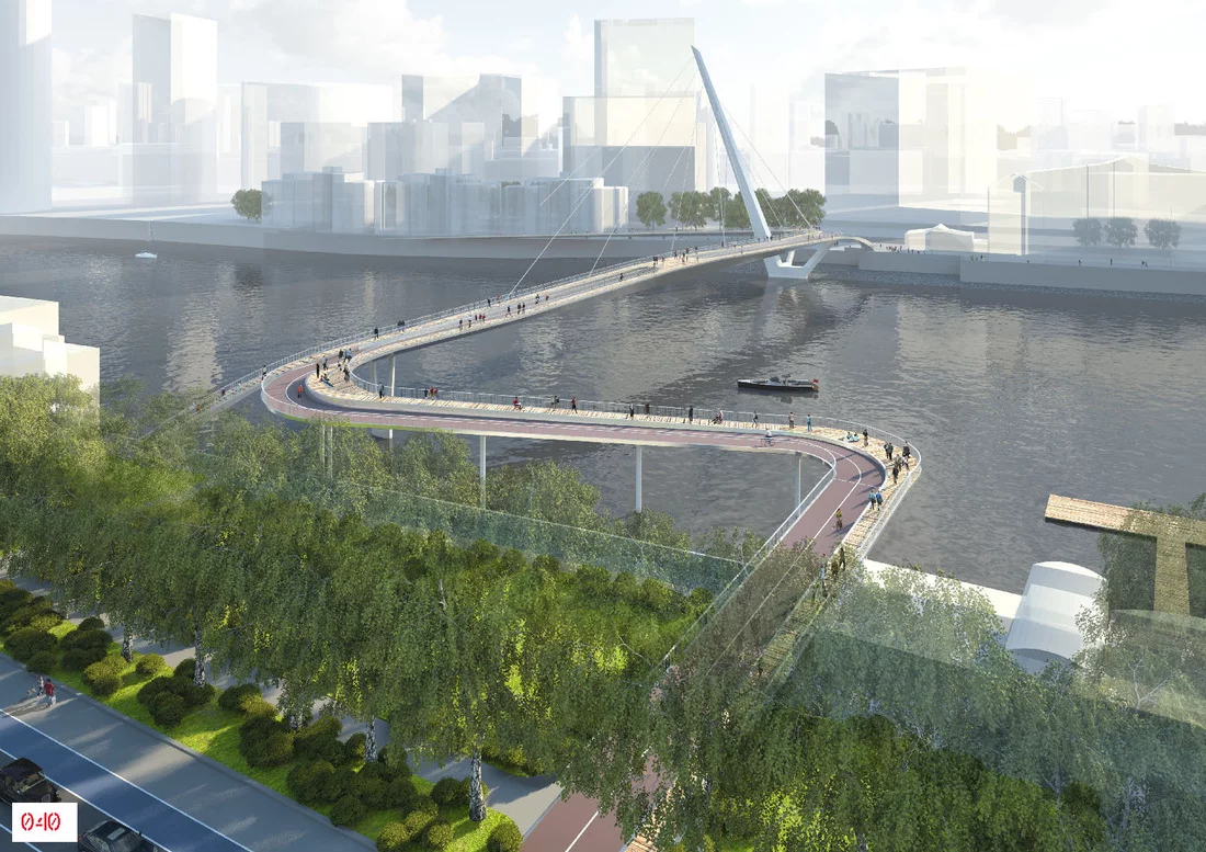 A design that curves up alongside one bank of the river before crossing the Thames (Image: NEP Bridge Competition)