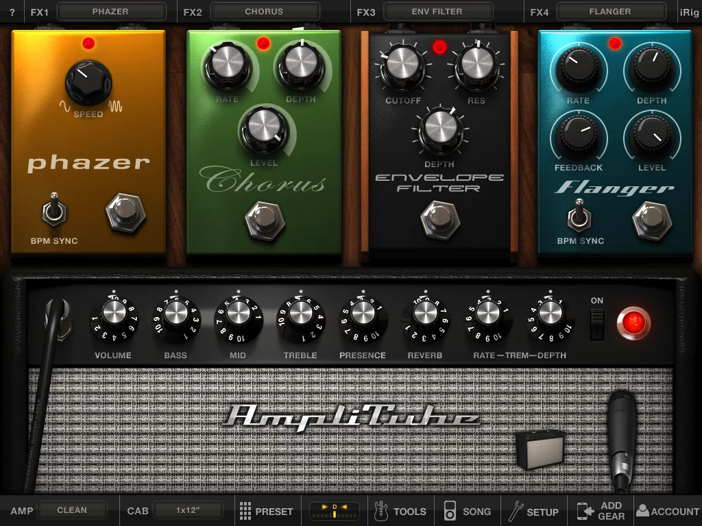 A clean amp setup with Phazer, Chorus, Envelope Filter, Flanger and dynamic mic