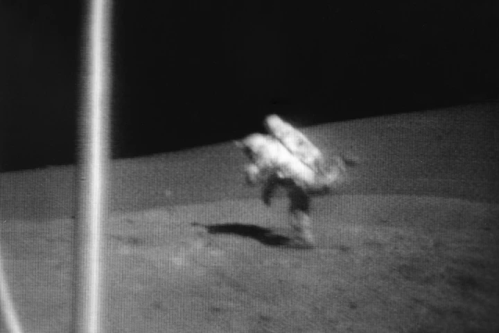 Lunar module pilot Harrison "Jack" Schmitt illustrates how easy it is for astronauts to trip over on the Apollo 17 mission in 1972