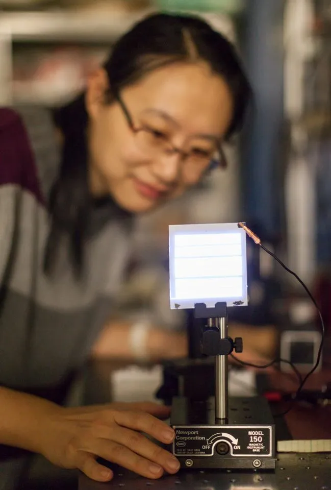 Post-doctoral fellow Wanyi Nie, inspecting a FIPEL light