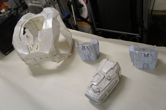 Some of the costume components, after being coated with fiberglass resin
