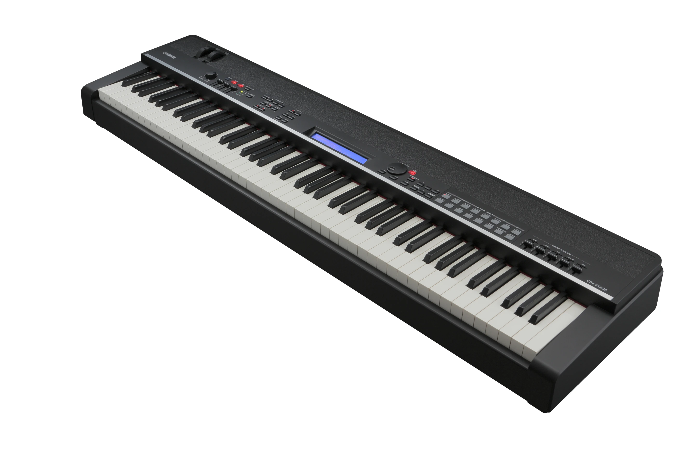 The user interface features big lighted buttons for splits and layers, voice category buttons for quick sound selection, five band master EQ control and a 40-character LCD display with back lighting