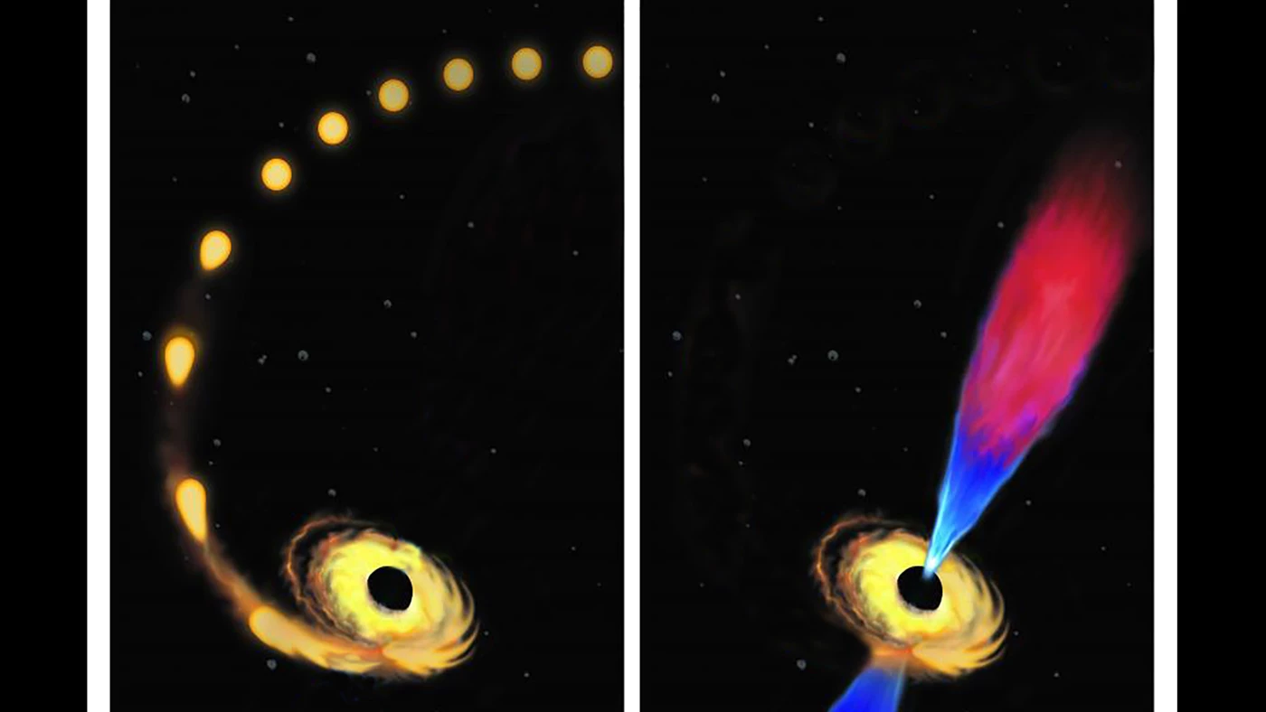 An artist's impression of a star being pulled in by the gravity of a black hole (left), and the resulting jet of plasma (right)