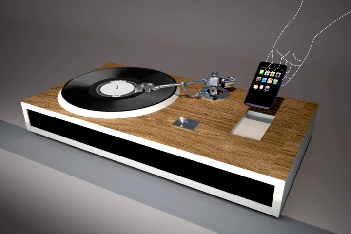 The Turntable iPhone Dock concept, showing iPhone being docked