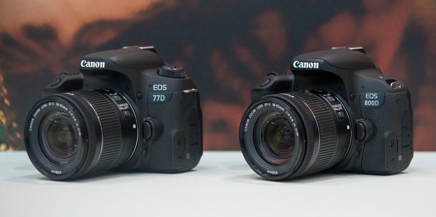 The Canon EOS 77D (left) and Canon EOS 800D (also known as the Rebel T7i) were on display at The Photography Show 2017