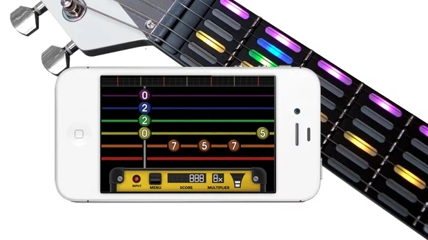 The gTar frets display on the iPhone app and the guitar
