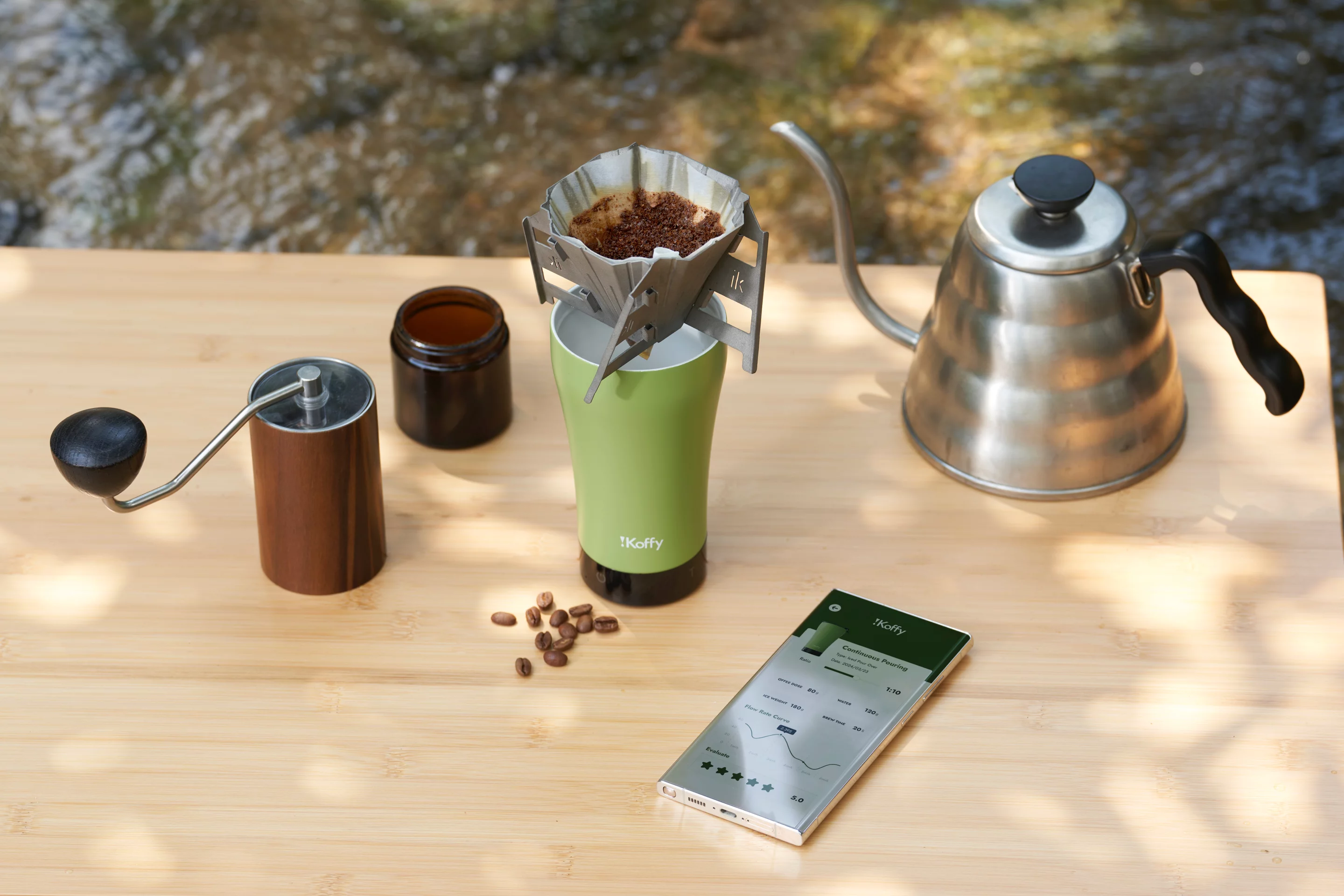 The iKoffy GoBrew (green) is presently on Kickstarter