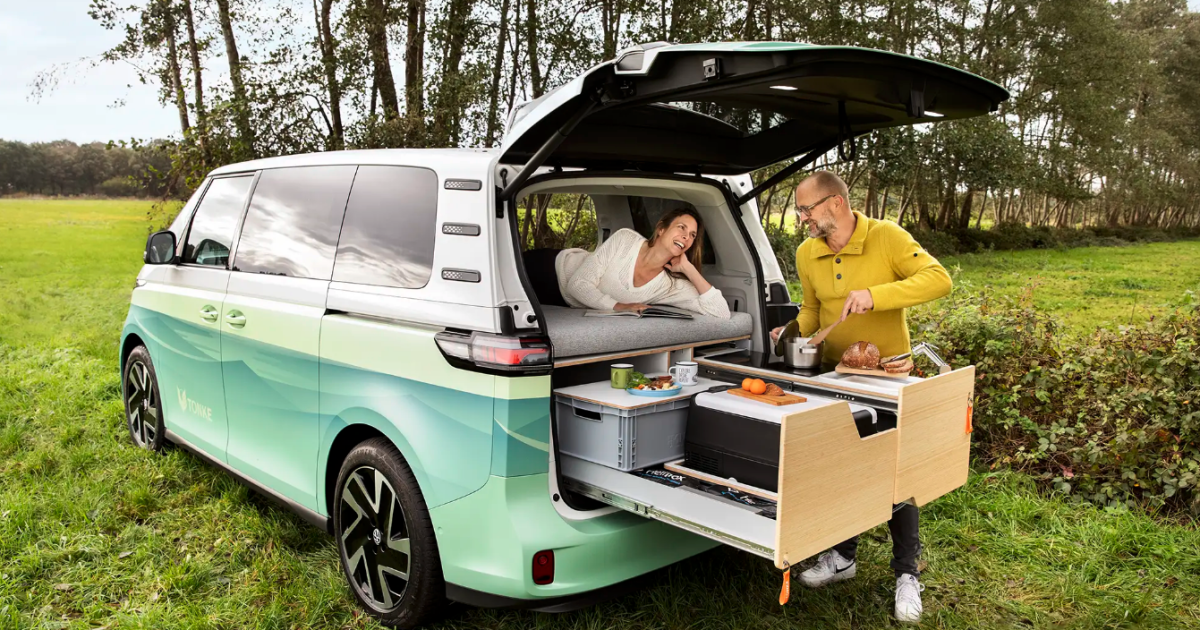 Tiny VW ID. Buzz e-camper lives large with queen bed and flex kitchen Tiny VW ID. Buzz e-camper lives large with queen bed and flex kitchen
