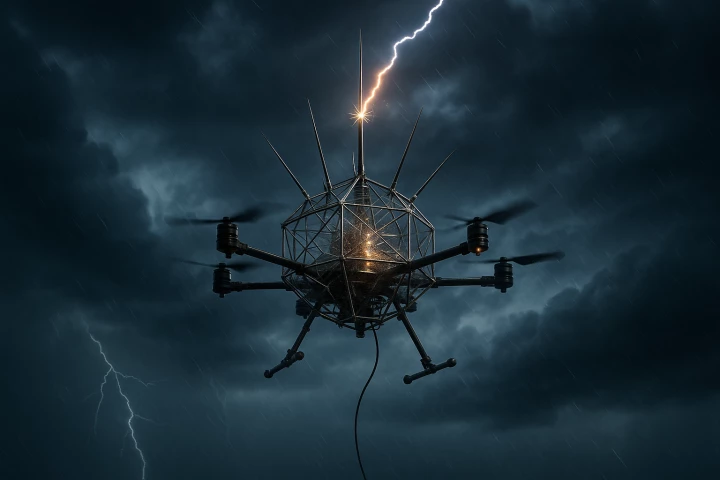 This image, created using generative tools, depicts the moment a lightning strike hits a faraday-caged drone, routing an enormous spike of energy down a ground wire. Scroll down for images of the actual device