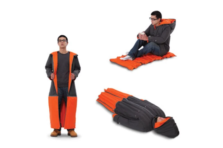The Inflatable Sleeping Coat will keep you dry and warm during the day and provide you with a sleeping bag and mattress at night