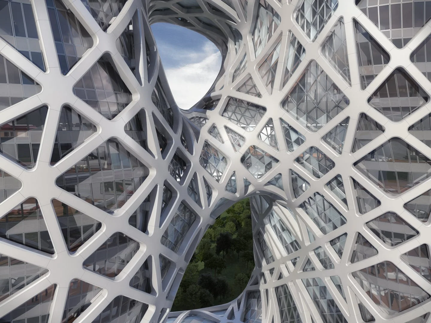 The rectangular outline of the site is extruded as a monolithic block with a series of voids which carve through the center of the tower, merging traditional architectural elements