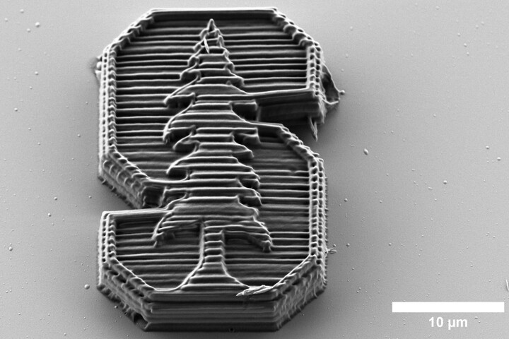 A tiny Stanford University logo, 3D-printed from the new material