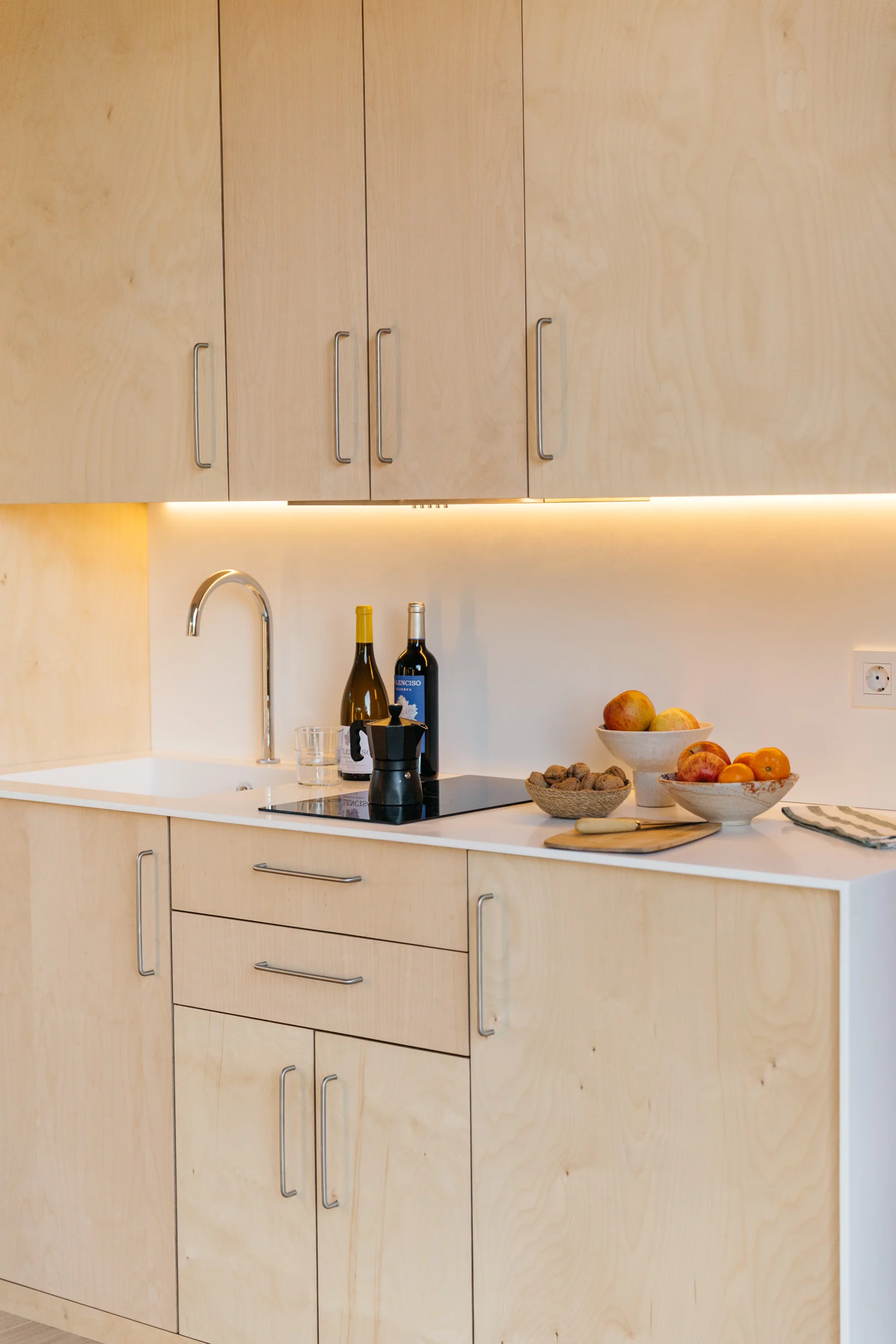 The Tini M's kitchenette includes a fridge, cabinetry, sink, and an induction stove