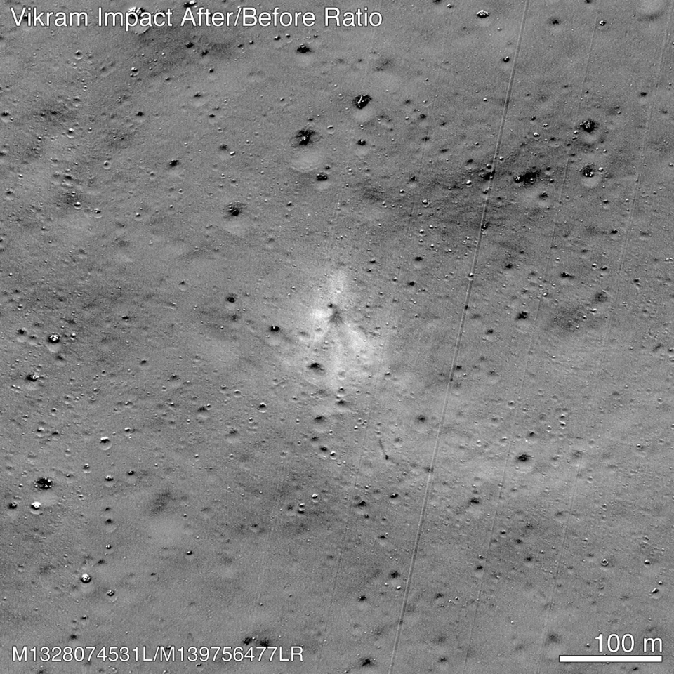 The impact point of the Vikram lander can be seen in the center of the image