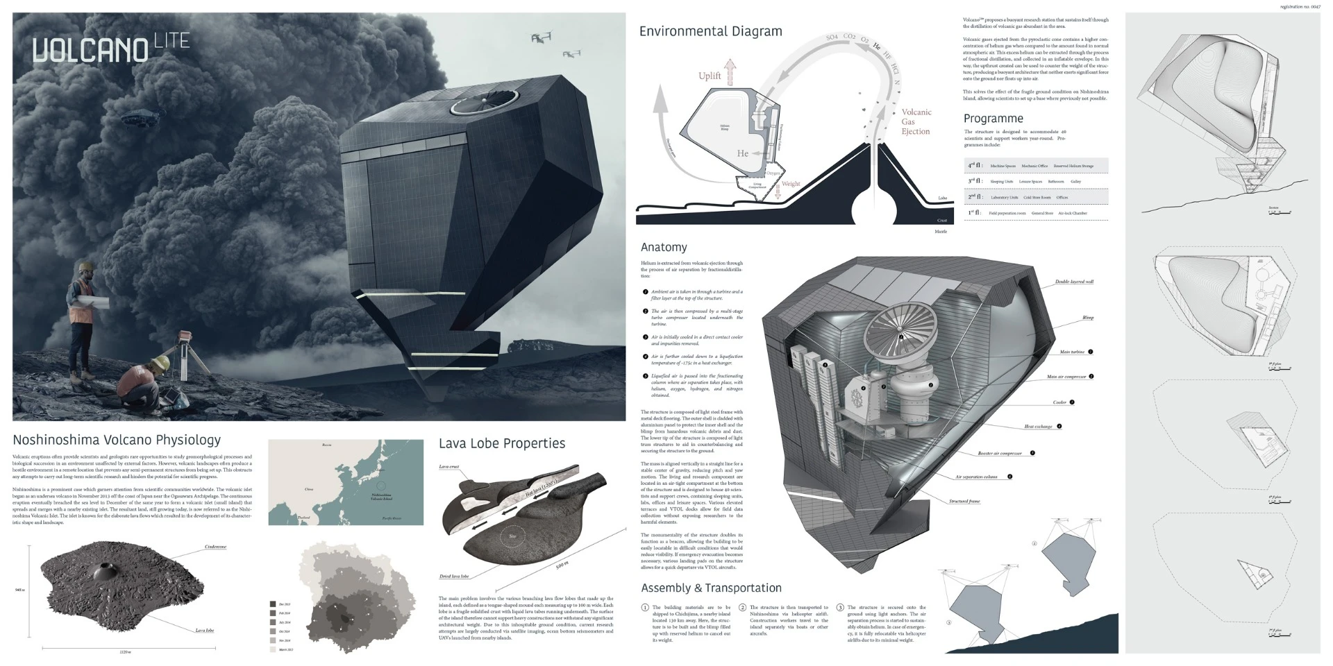 Special Recognition - Volcano Lite. Designer notes: "VolcanoLite is a proposal for a buoyant research station that sustains itself through the distillation of volcanic gas abundant in the area. Gases ejected from the pyroclastic cone contains a higher concentration of helium when compared to normal atmospheric air. This excess helium can be extracted through the process of fractional distillation, and collected in an inflatable envelope. In this way, the upthrust created can be used to counter the weight of the structure, producing a buoyant architecture that neither exerts significant force onto the ground nor floats up into air."
