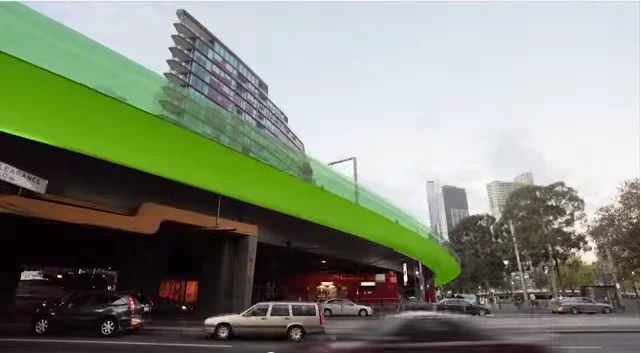 Melbourne's proposed Veloway bicycle freeway would stretch 1.7 km (1.1 mi) over the city's traffic below