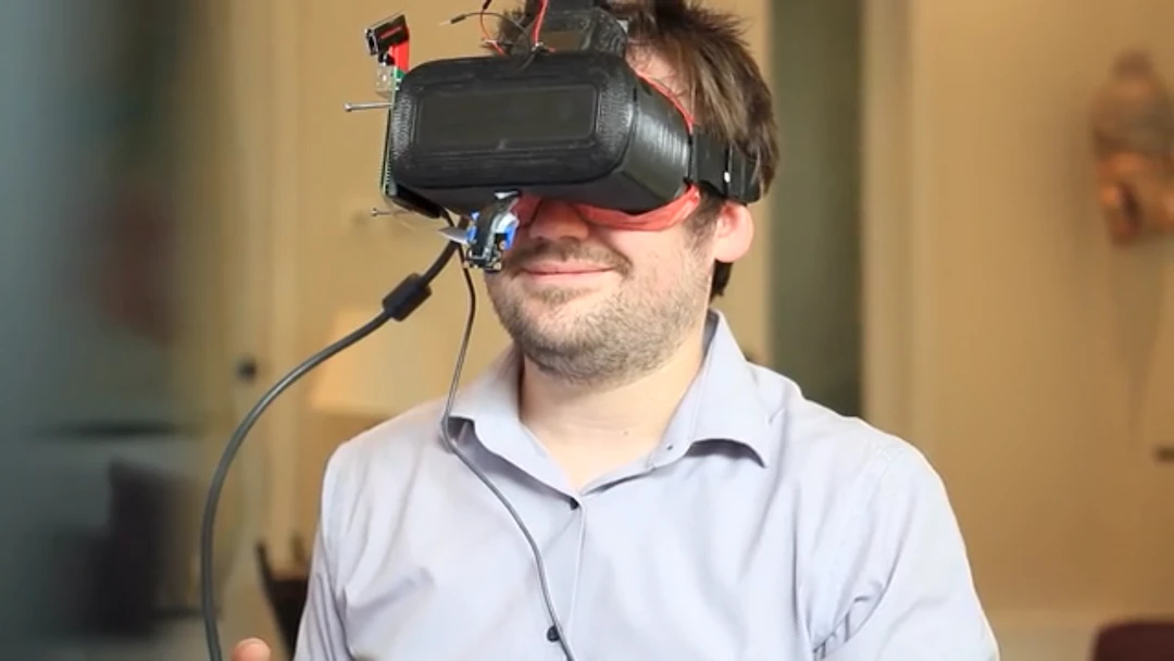 The facial tracking works through two infrared cameras inside the headset: one between the eyes, tracking eyebrows, pupils and how open or closed the eyelids are, and the second hanging off the bottom, taking in the jaw, lips and mouth