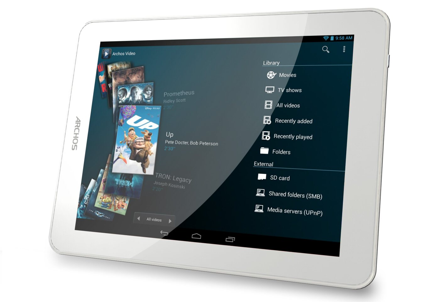 The Archos 80b Platinum running the Archos Media Center app, which is reported capable of playing just about any music or video file format
