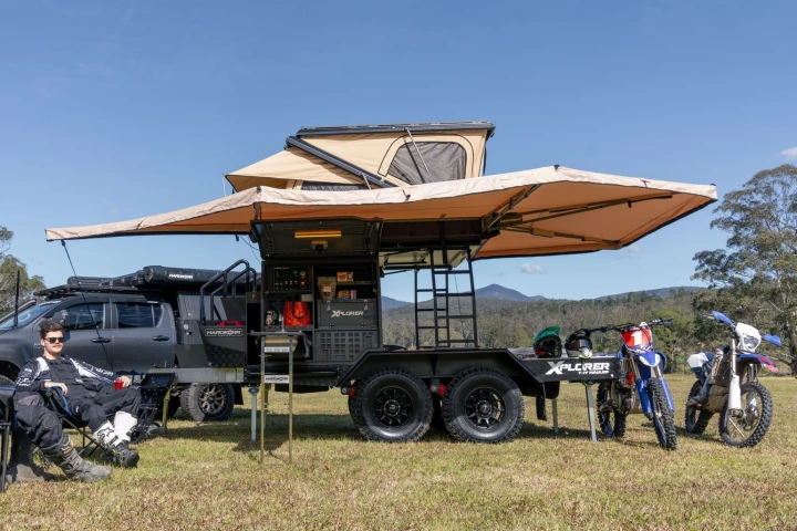 Hardkorr combines its Xplorer canopy trailer with a flatbed to create the Xplorer Toy Hauler